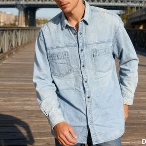 Vintage Levi’s Denim Shirt Size L Light Blue Western Button Up Cotton